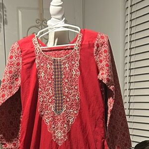 Red Patterned Long Sleeve Dress